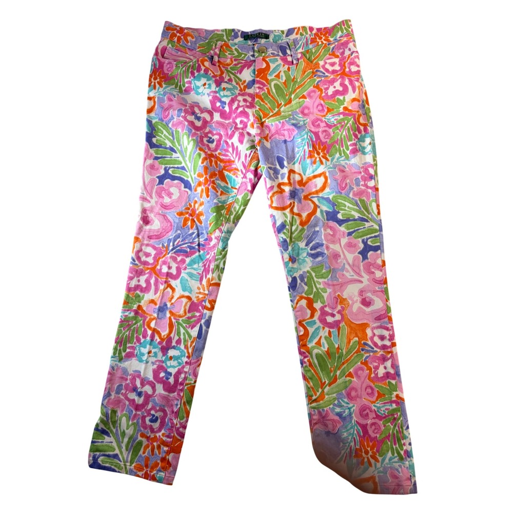 Lauren Ralph Lauren Floral Print Slim Leg Pants Womens 12 Multicolor Stretch